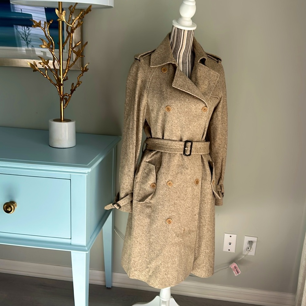 Theory tweed beige wool trench tailored coat